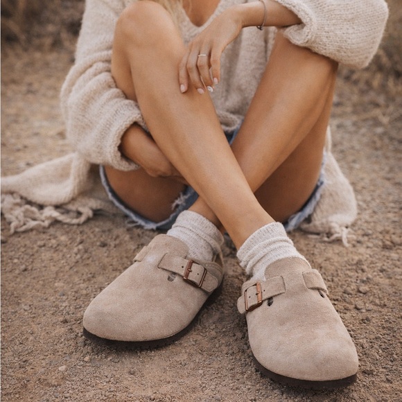 Birkenstock Shoes - Birkenstock Boston Clog Taupe Suede Soft Footbed 38 US 7.5 8 NWT